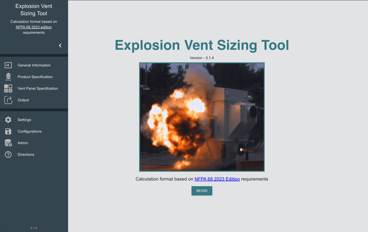 Explosion vent sizing configurator